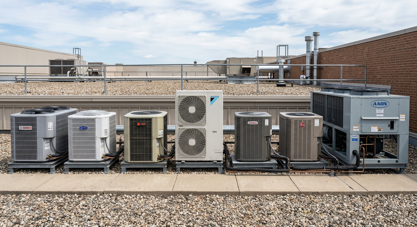 A lineup of residential and commercial air conditioning condensers from major HVAC manufacturers including Daikin, Rheem, Carrier, Trane, Lennox, and AAON.