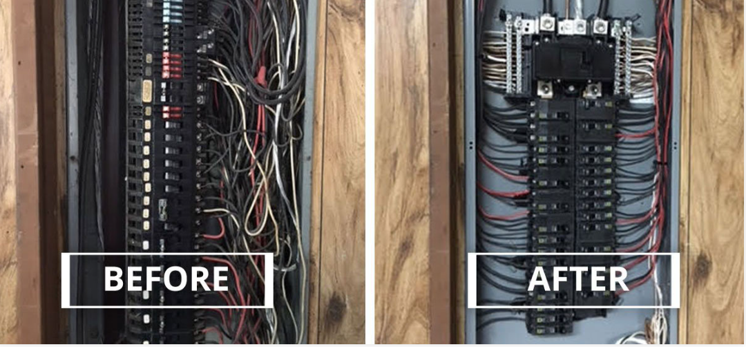 Before and after comparison of an electrical panel upgrade showing a messy old panel versus a clean, organized new 200-amp panel