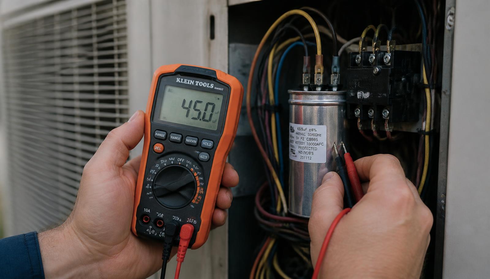 Technician testing an AC run capacitor with a multimeter during an honest AC repair diagnostic in Gilbert, AZ