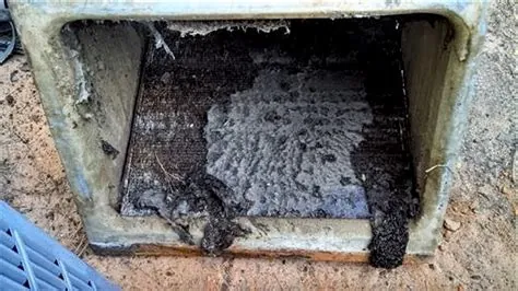 Dirty air handler coil showing heavy buildup before cleaning or replacement
